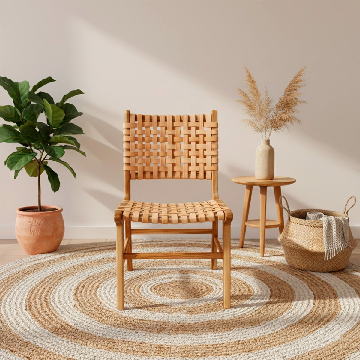 Cadeira Sabiá - Com Assento e Encosto Em Couro Cru Natural Trançado À Mão