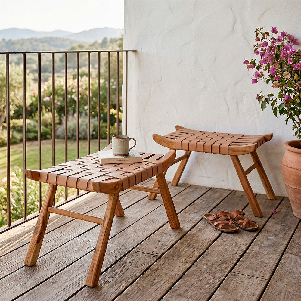 Banco Tira Botas Indonésia Couro Cru Trançado à Mão