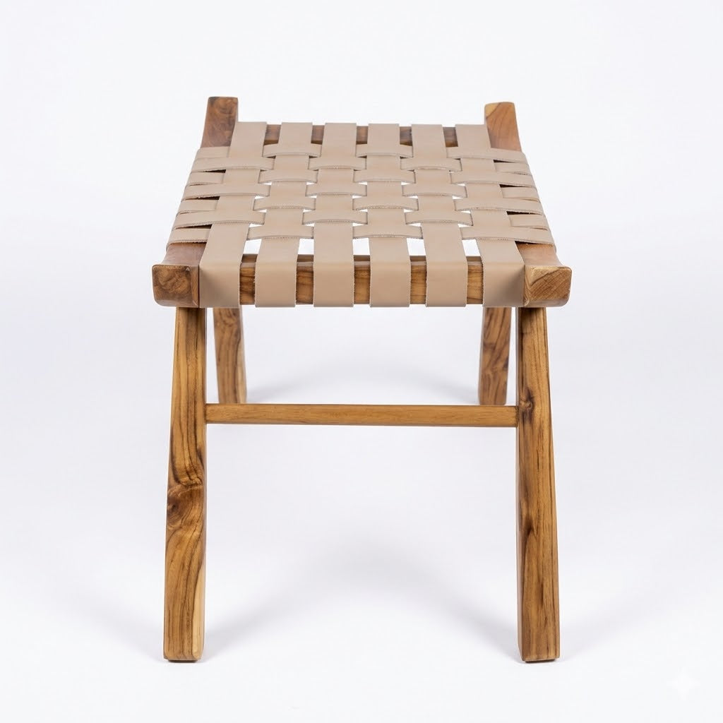 Banco Tira Botas Indonésia Couro Cru Trançado à Mão