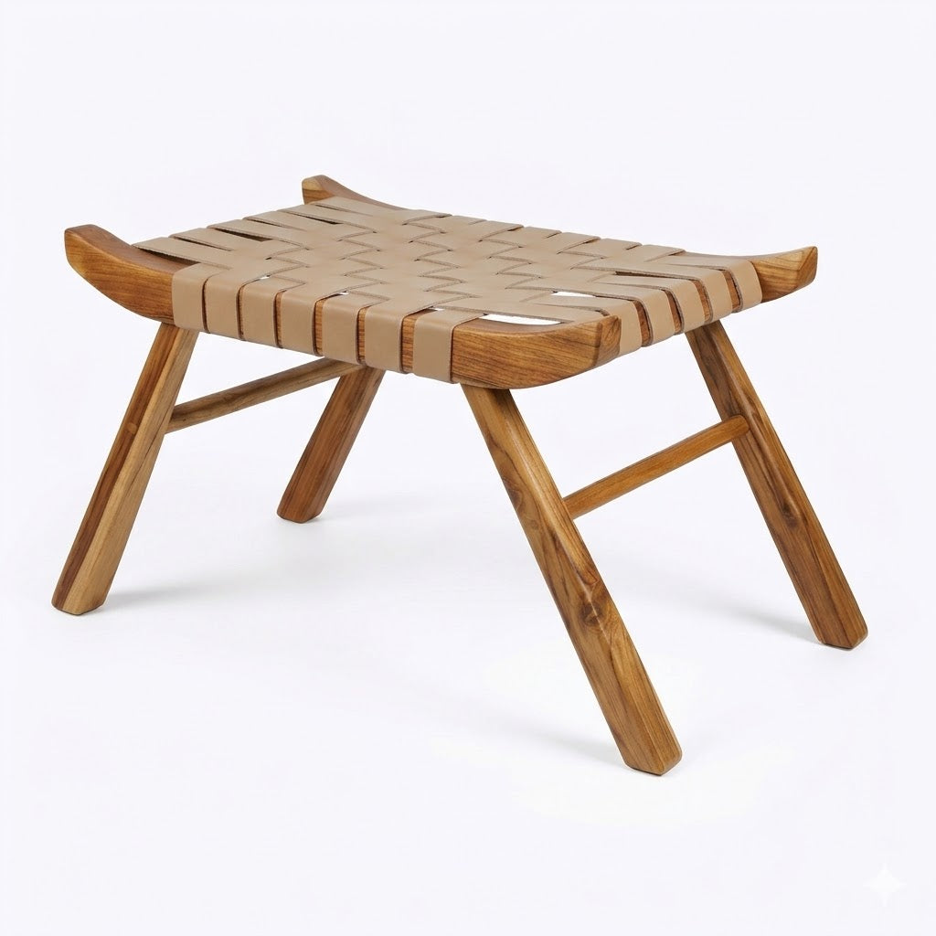 Banco Tira Botas Indonésia Couro Cru Trançado à Mão