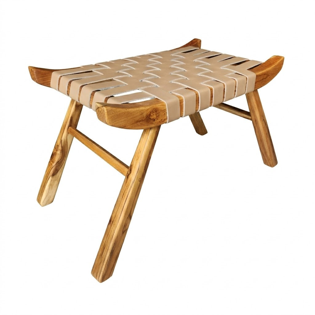 Banco Tira Botas Indonésia Couro Cru Trançado à Mão