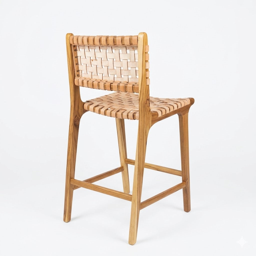 Banqueta Alta Albatroz em Couro Cru Trançado à Mão