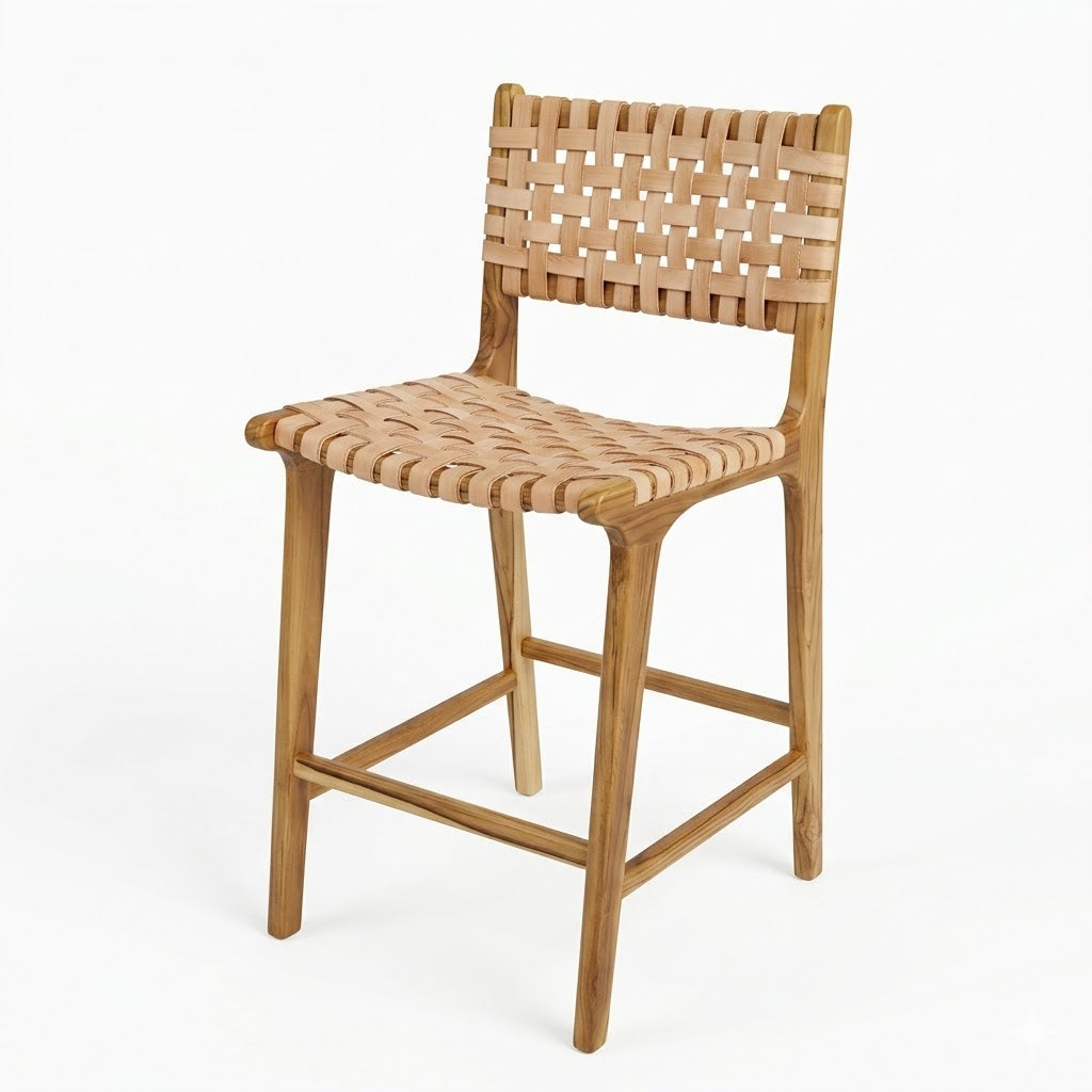 Banqueta Alta Albatroz em Couro Cru Trançado à Mão