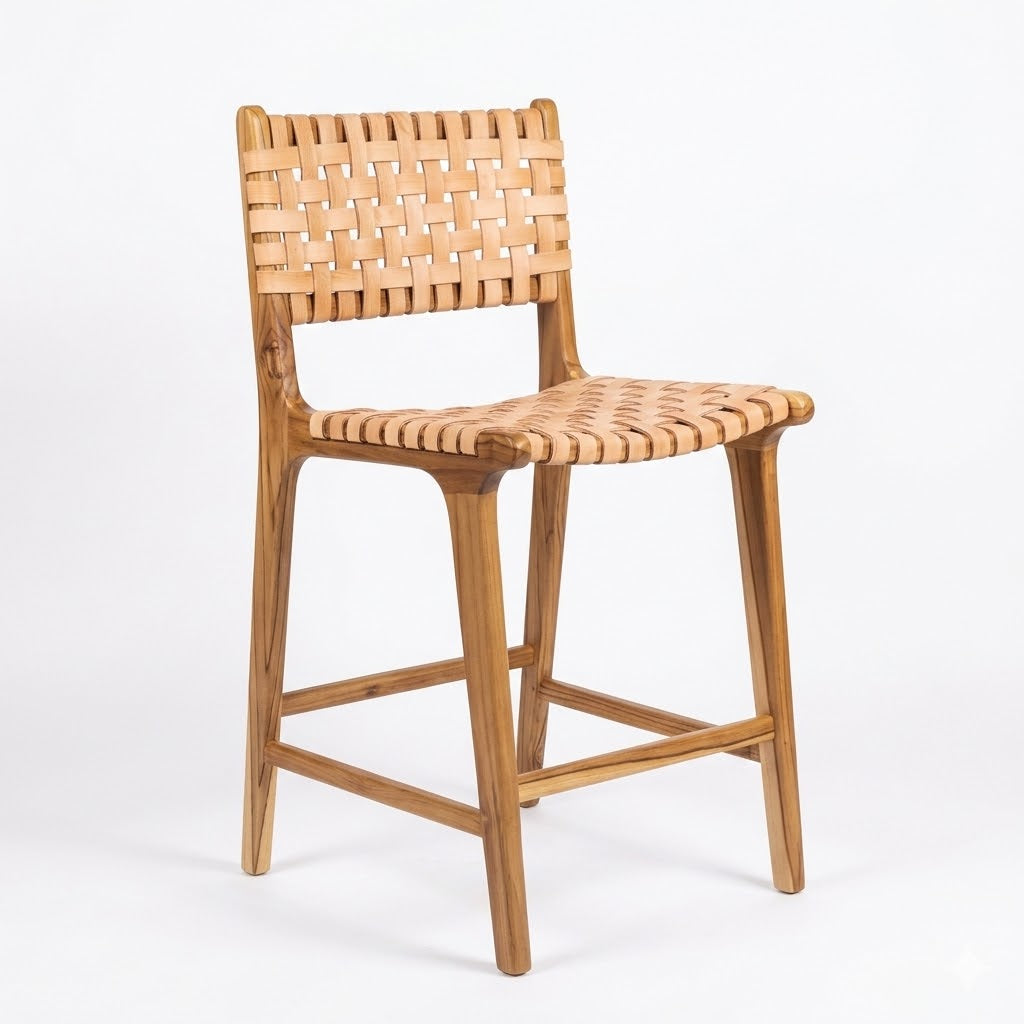 Banqueta Alta Albatroz em Couro Cru Trançado à Mão