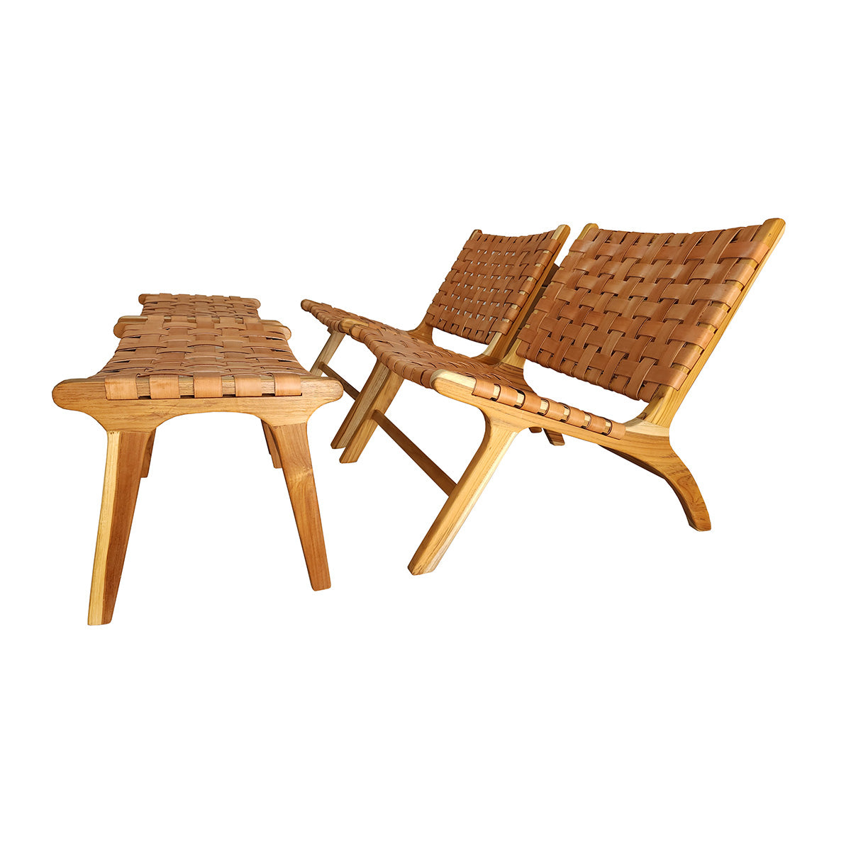 Conjunto 02 unidades de Poltrona de Madeira Teka em Couro Cru Caraíva + 02 Banqueta Relax