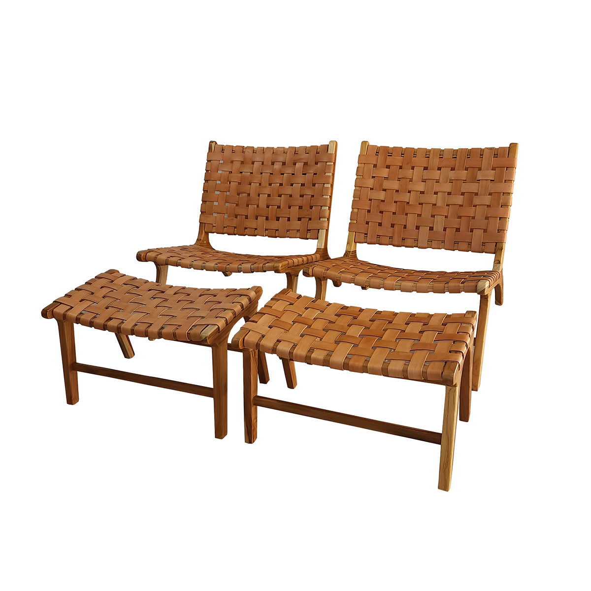 Conjunto 02 unidades de Poltrona de Madeira Teka em Couro Cru Caraíva + 02 Banqueta Relax