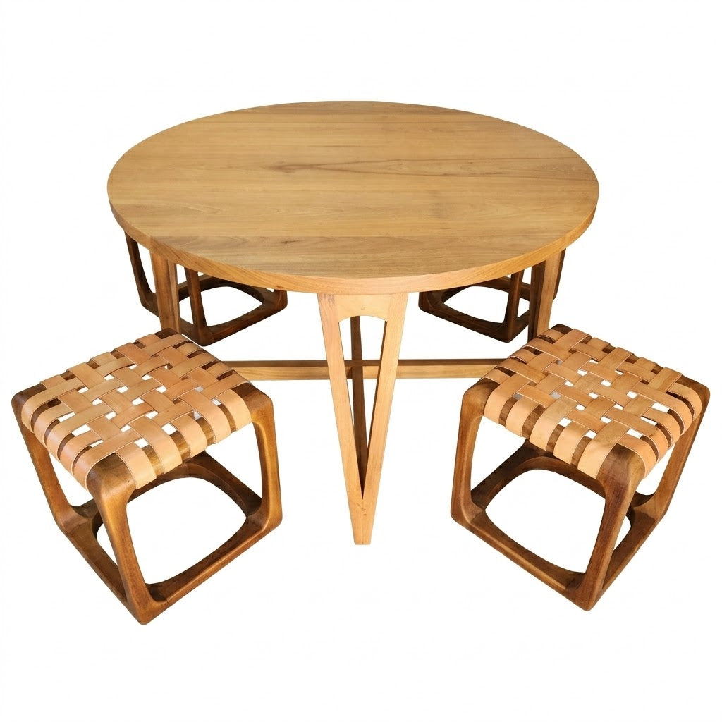 Conjunto Mesa Jantar Camburi Com 04 Banquinhos Ó assento em couro natural