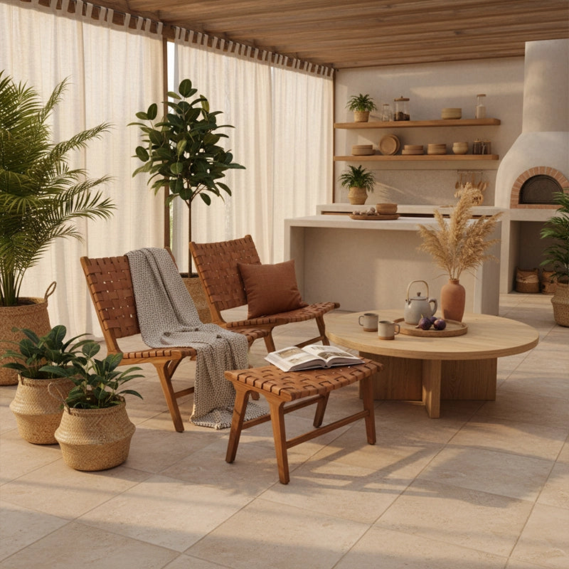 Conjunto 02 unidades de Poltrona de Madeira Teka em Couro Cru Caraíva + 02 Banqueta Relax