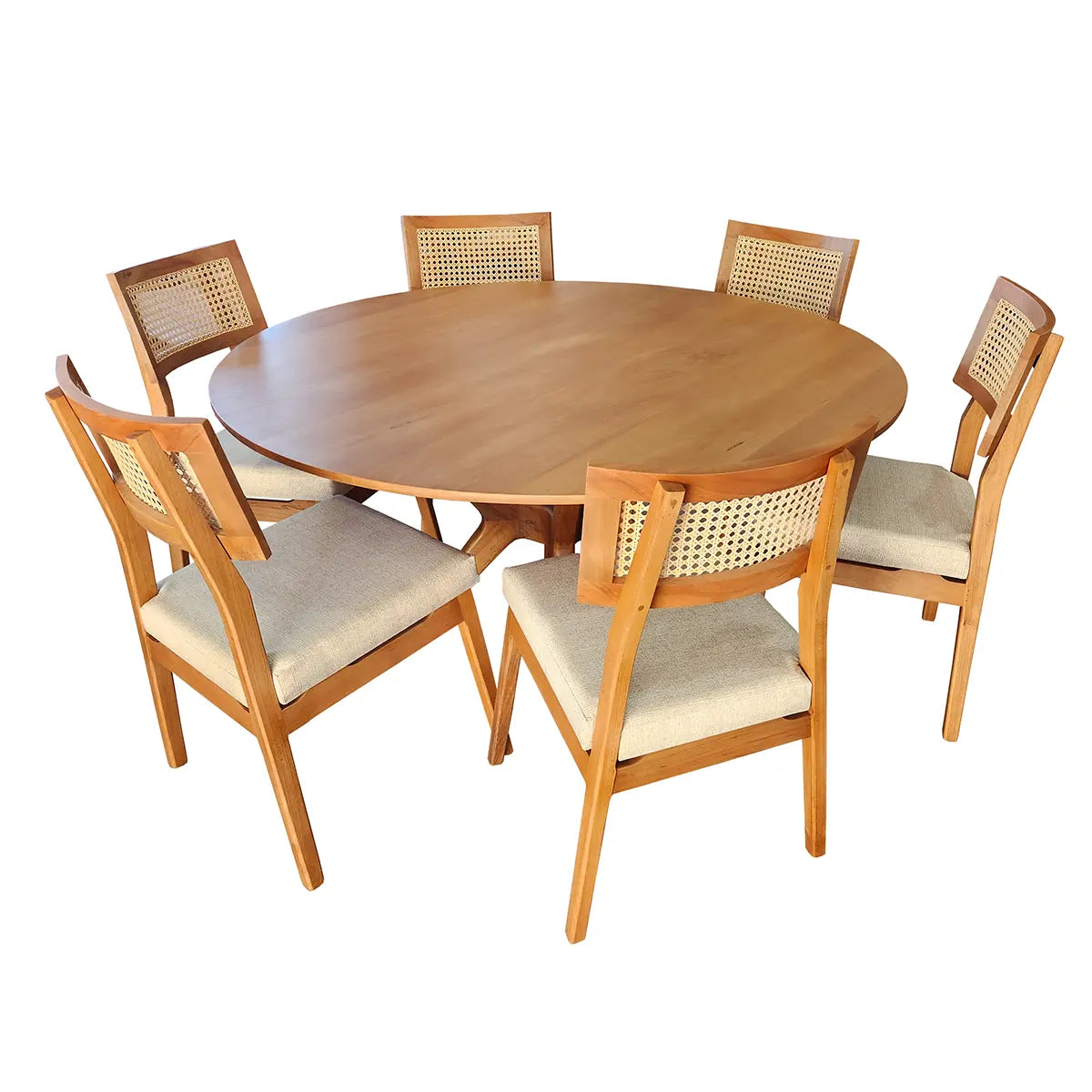 Conjunto Mesa De Jantar Maciça Praia Do forte + Cadeiras Corumbau Assento Estofado E Encosto Em Palhinha