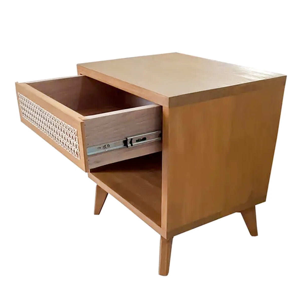 Mesa De Cabeceira De Madeira Maciça Demolição Angra Com Uma Gaveta Com Frente Em Palhinha Natural Indiana