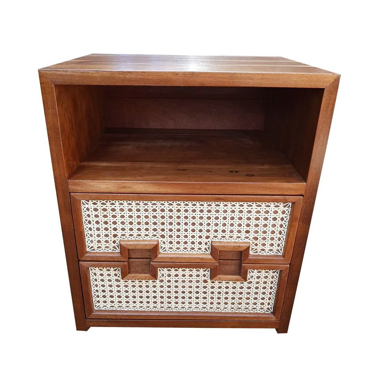 Mesa de Cabeceira de Madeira Maciça Demolição Praia Com 2 Gavetas Em Palhinha Indiana E Nicho