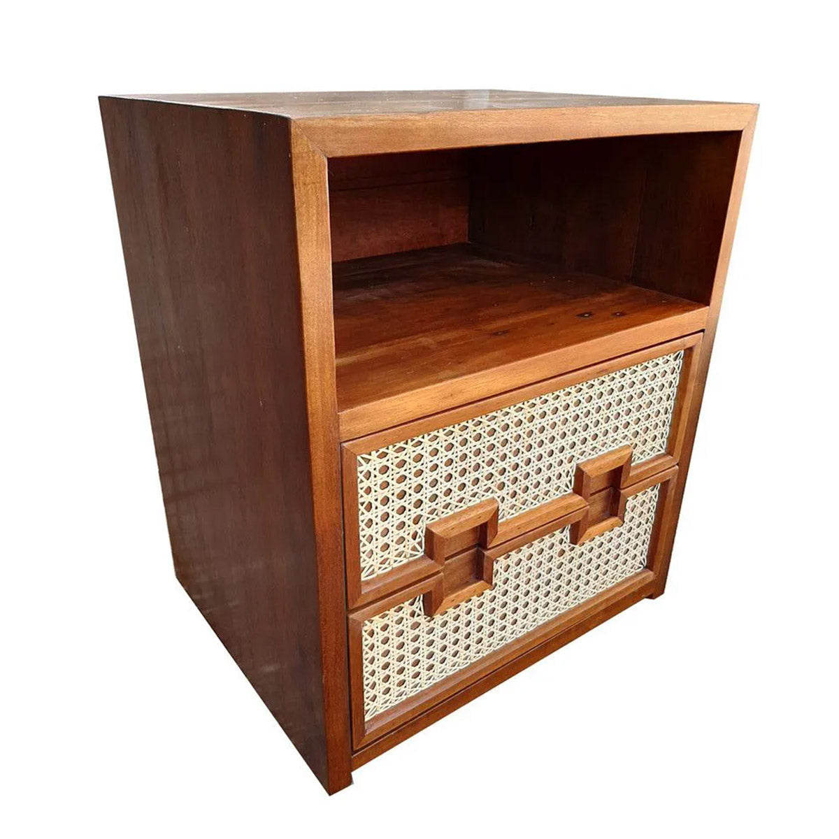 Mesa de Cabeceira de Madeira Maciça Demolição Praia Com 2 Gavetas Em Palhinha Indiana E Nicho