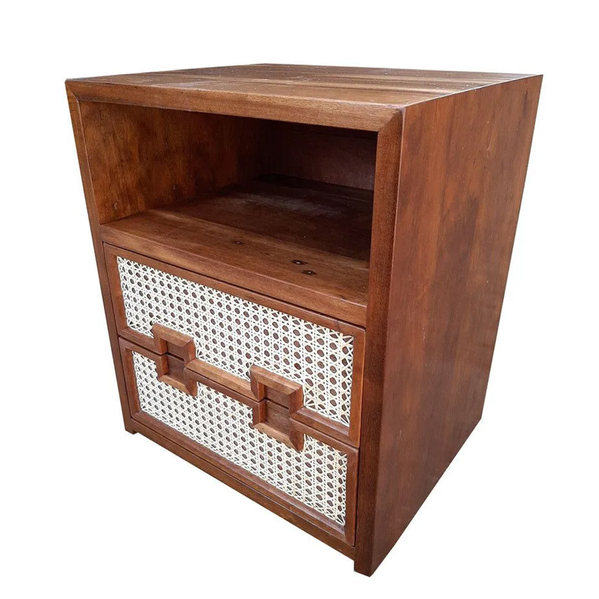 Mesa de Cabeceira de Madeira Maciça Demolição Praia Com 2 Gavetas Em Palhinha Indiana E Nicho