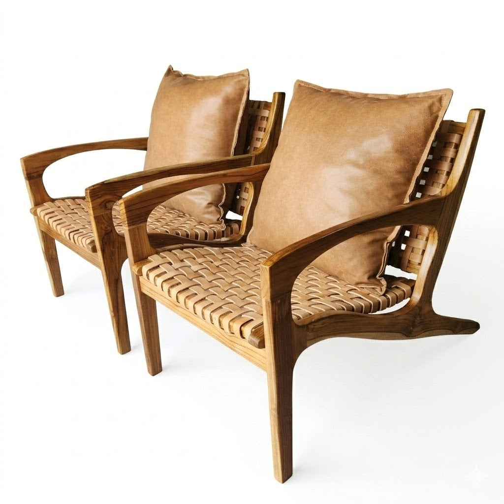 Conjunto 02 unidades de Poltrona de Madeira Teka em Couro Cru Encanto com almofada