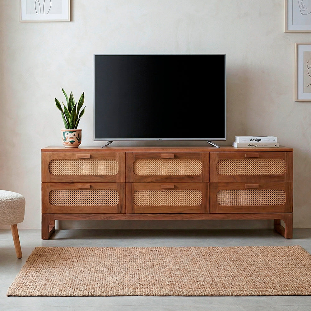 Rack De Madeira Maciça Paranoá Com 06 Gavetas Em Palhinha indiana