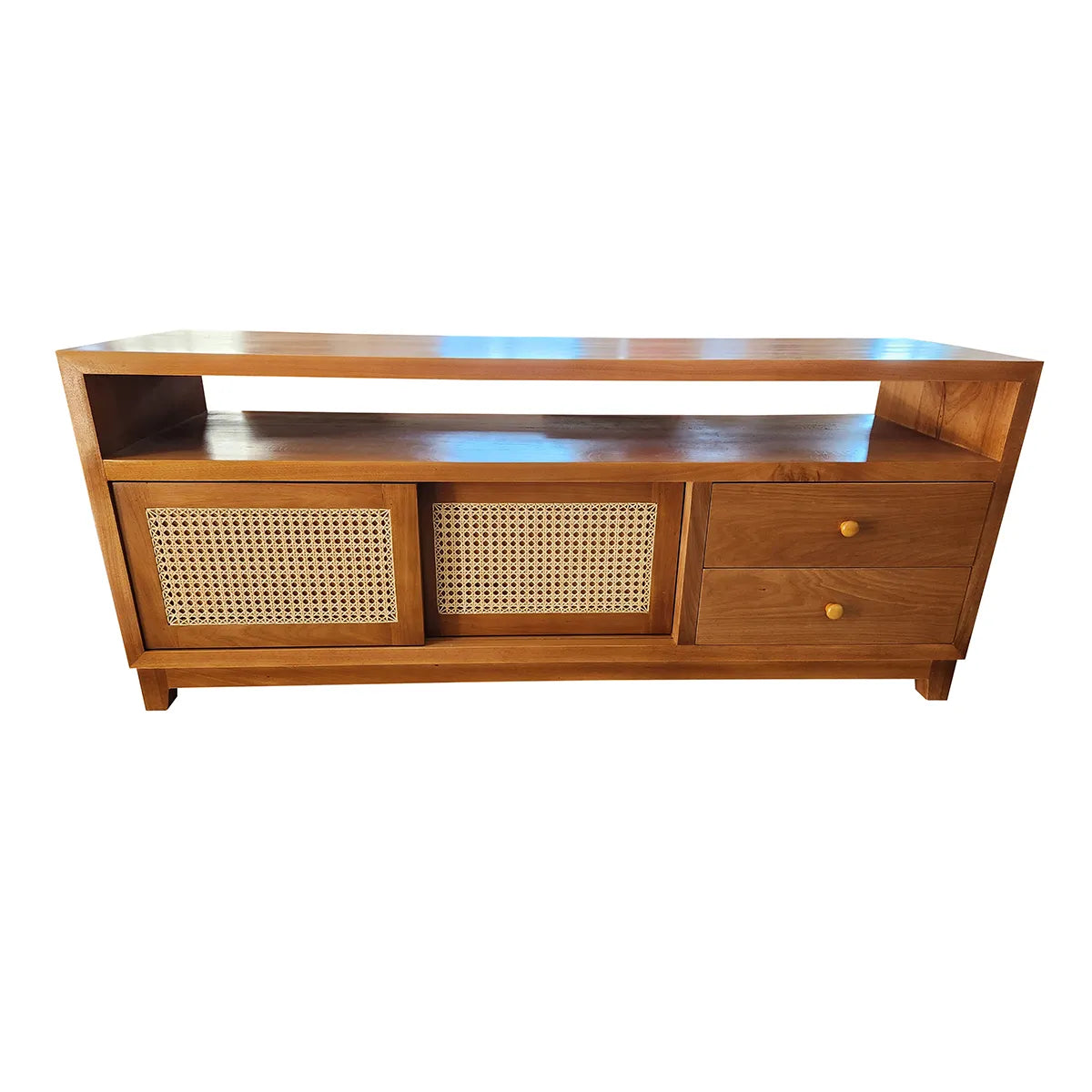 Rack de Madeira Maciça Ipiranga Com Portas de Correr Em Palhinha Indiana Duas Gavetas E Nicho