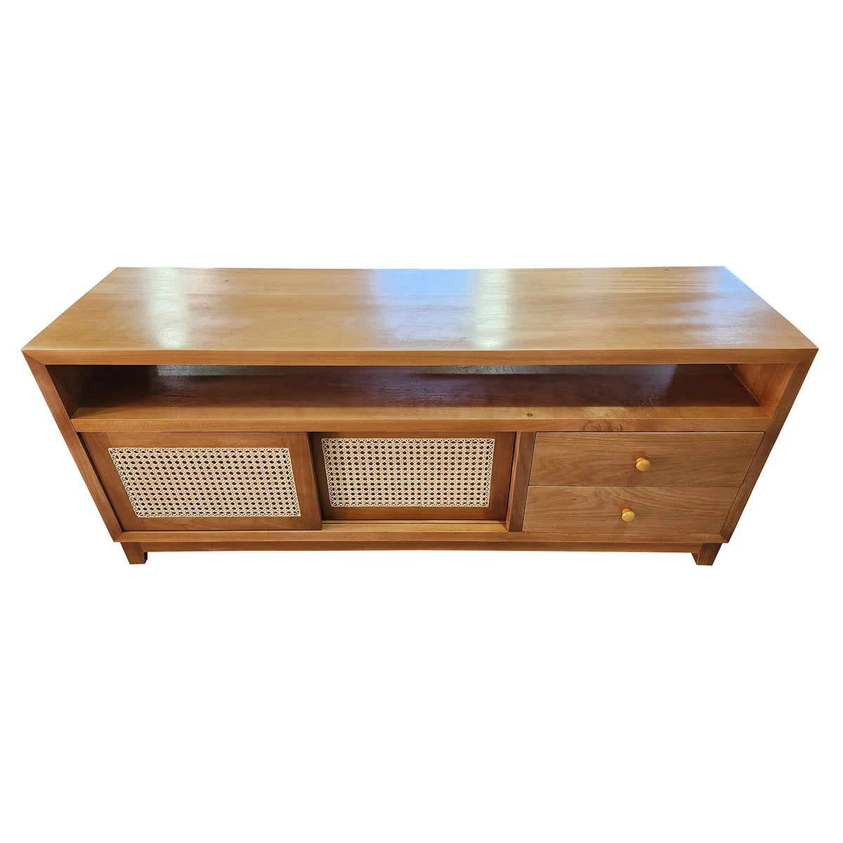 Rack de Madeira Maciça Ipiranga Com Portas de Correr Em Palhinha Indiana Duas Gavetas E Nicho