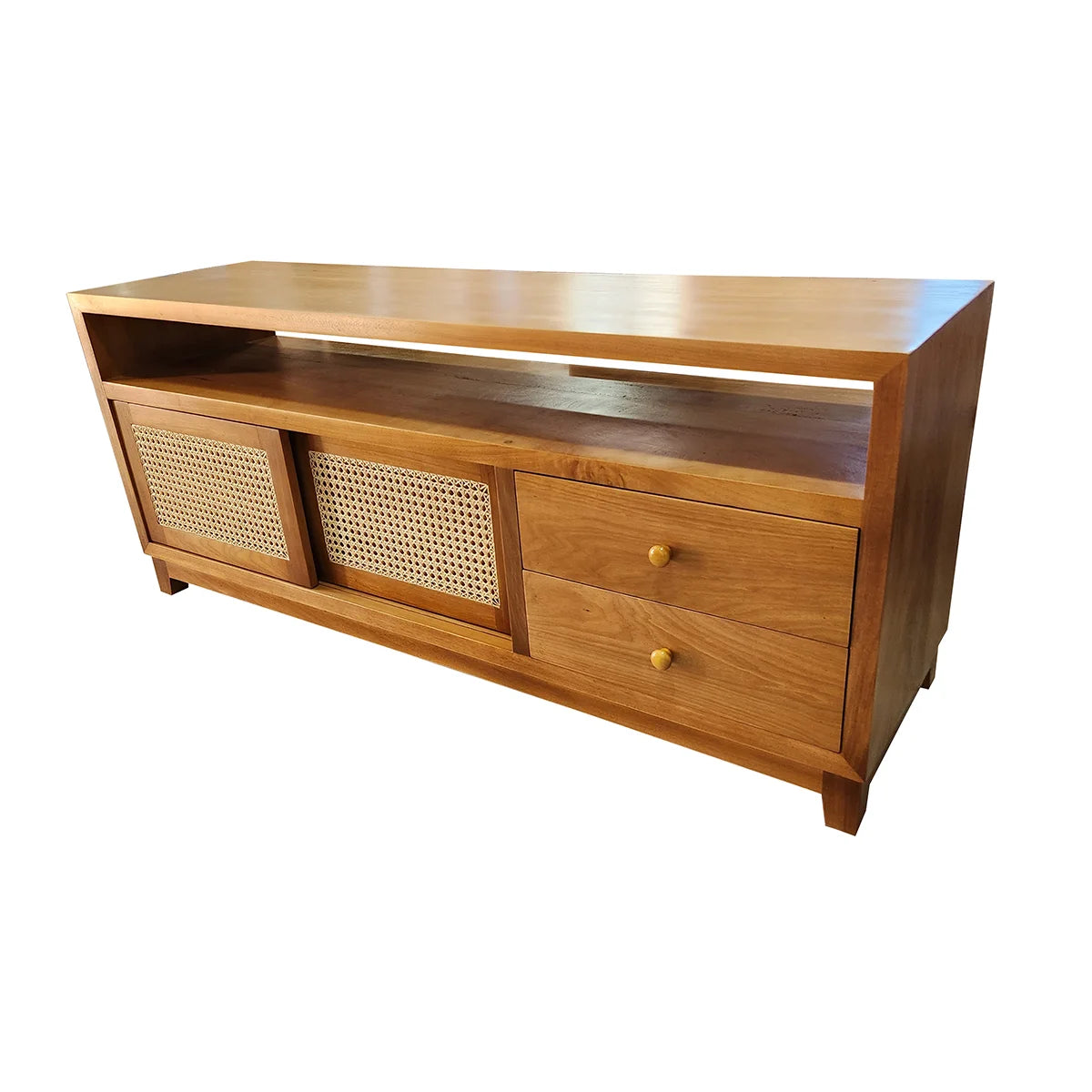 Rack de Madeira Maciça Ipiranga Com Portas de Correr Em Palhinha Indiana Duas Gavetas E Nicho