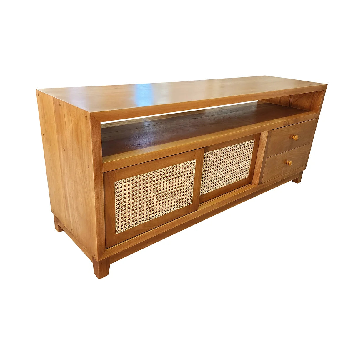 Rack de Madeira Maciça Ipiranga Com Portas de Correr Em Palhinha Indiana Duas Gavetas E Nicho