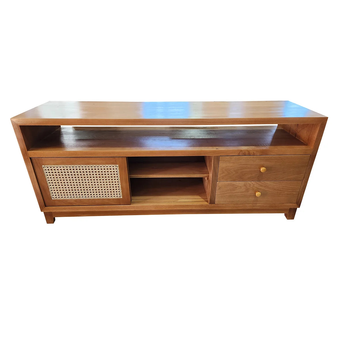 Rack de Madeira Maciça Ipiranga Com Portas de Correr Em Palhinha Indiana Duas Gavetas E Nicho