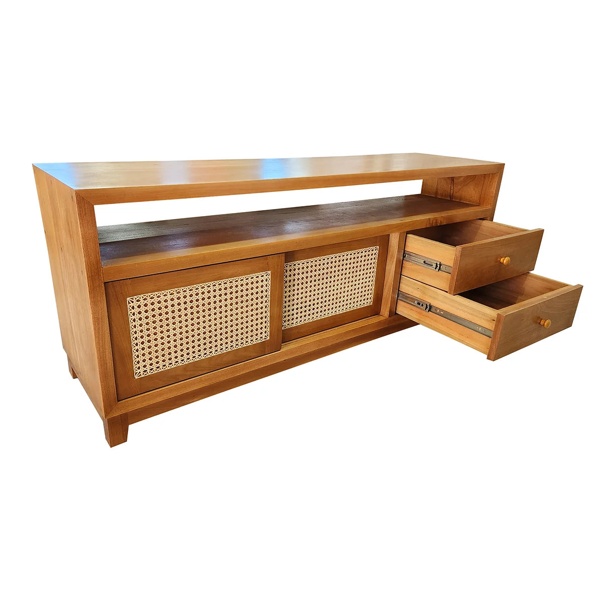 Rack de Madeira Maciça Ipiranga Com Portas de Correr Em Palhinha Indiana Duas Gavetas E Nicho