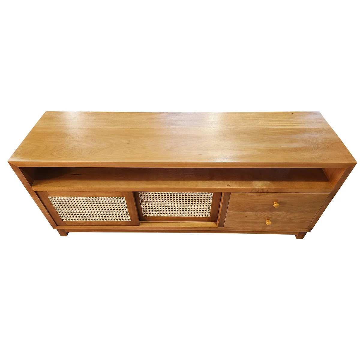 Rack de Madeira Maciça Ipiranga Com Portas de Correr Em Palhinha Indiana Duas Gavetas E Nicho