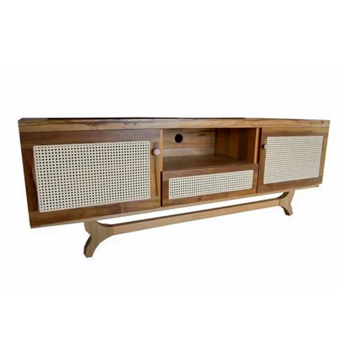 Rack De Madeira Maciça Demolição Ouro Preto Com 02 Portas e Gaveta Central Em Palhinha Natural Indiana