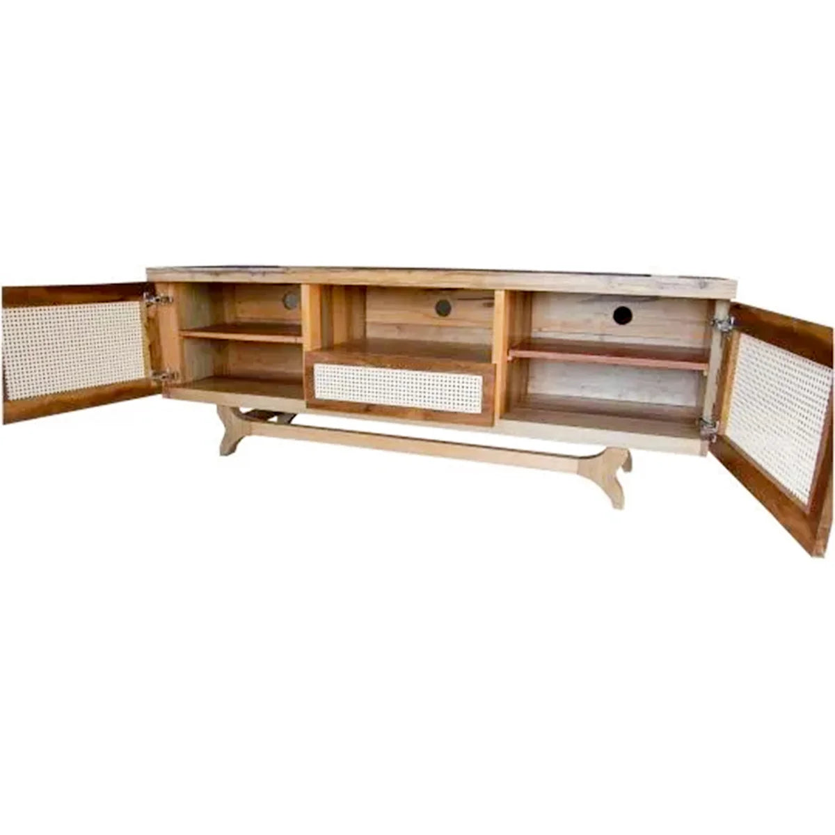 Rack De Madeira Maciça Demolição Ouro Preto Com 02 Portas e Gaveta Central Em Palhinha Natural Indiana