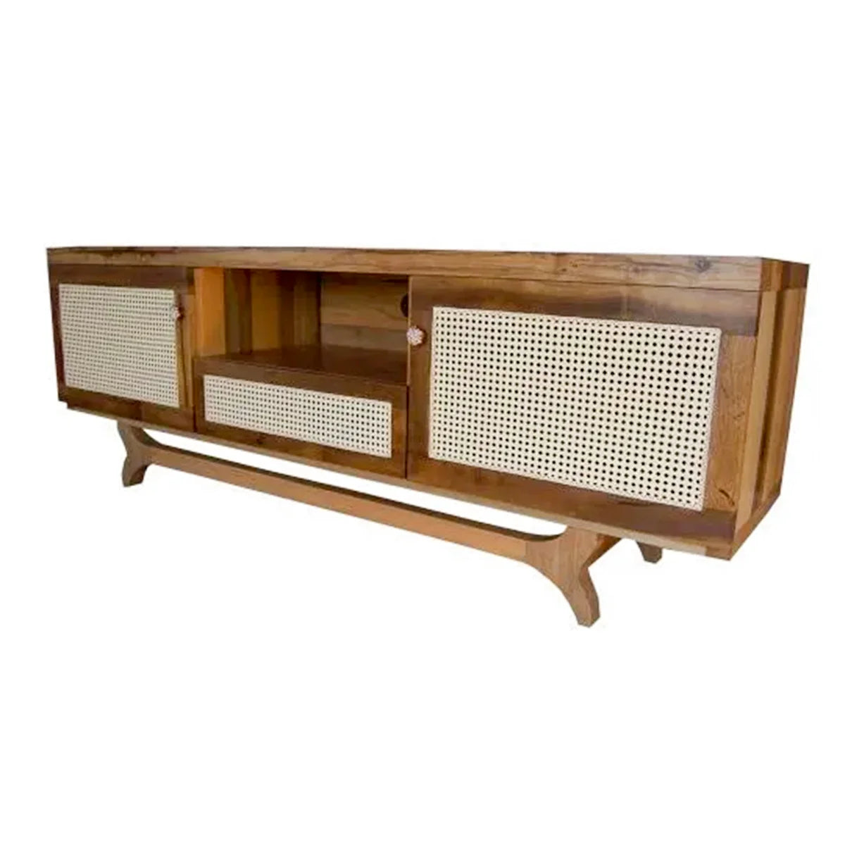 Rack De Madeira Maciça Demolição Ouro Preto Com 02 Portas e Gaveta Central Em Palhinha Natural Indiana