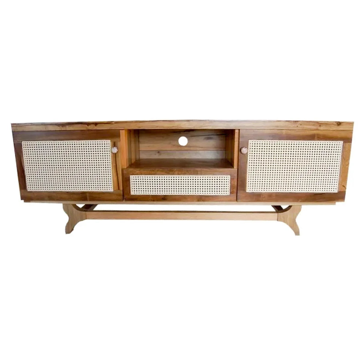 Rack De Madeira Maciça Demolição Ouro Preto Com 02 Portas e Gaveta Central Em Palhinha Natural Indiana