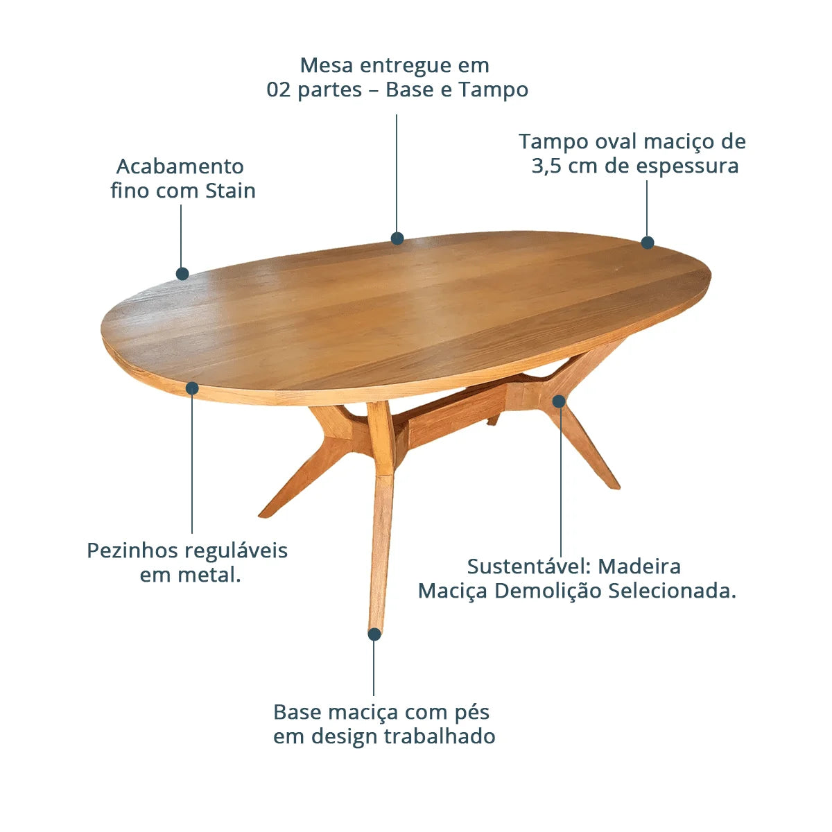 Mesa de Jantar De Madeira Maciça Demolição Com Tampo Oval Praia do Forte - Marcenaria Bicho do Mato