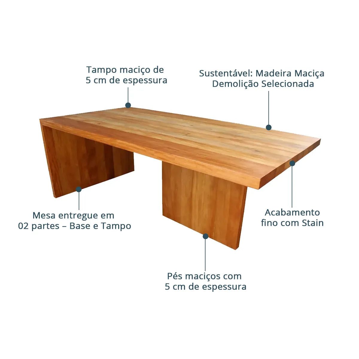 Mesa de Jantar De Madeira Maciça Demolição Retangular Marajó - Marcenaria Bicho do Mato