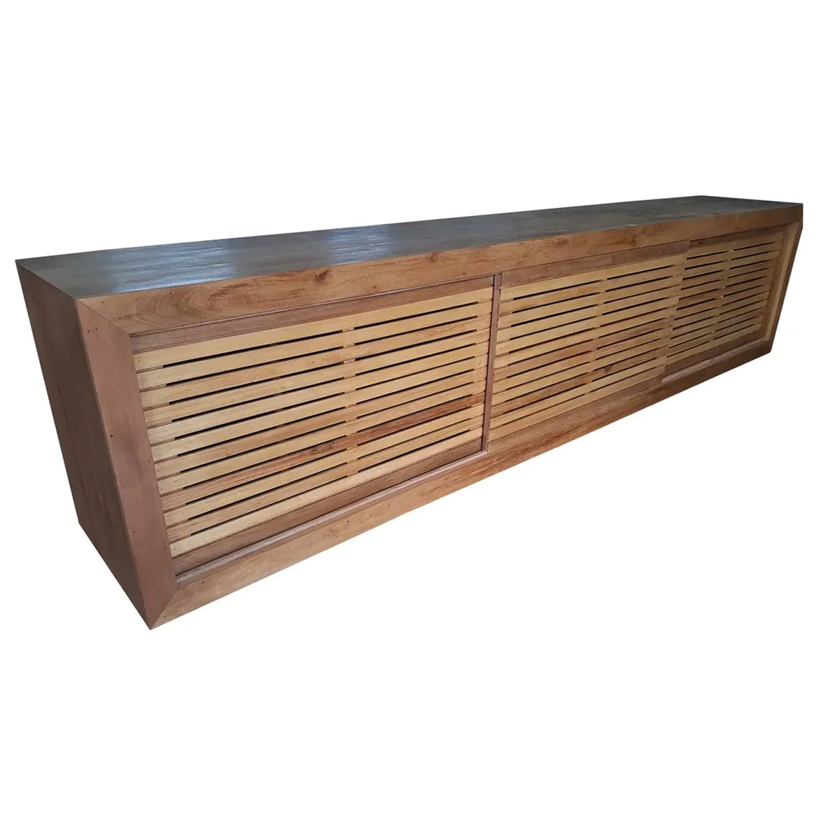 Rack De Madeira Maciça Demolição Lagoa Com Portas Ripadas De Correr - Marcenaria Bicho do Mato