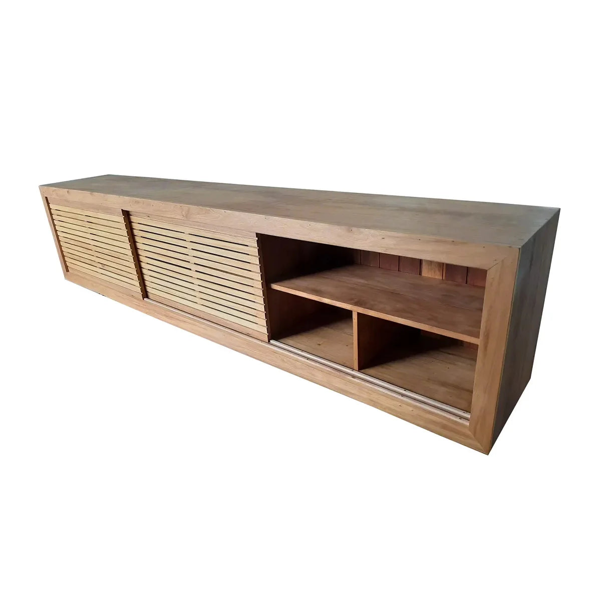 Rack De Madeira Maciça Demolição Lagoa Com Portas Ripadas De Correr - Marcenaria Bicho do Mato