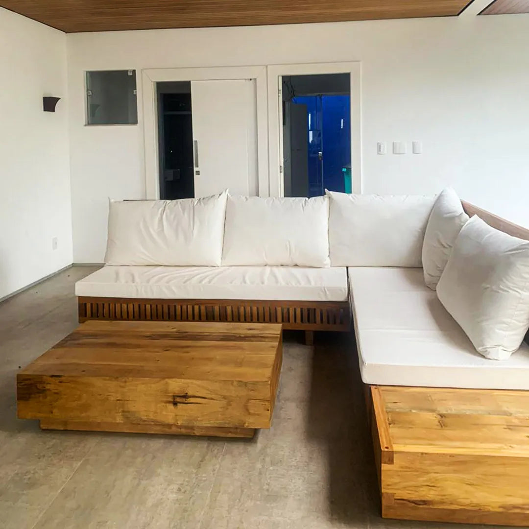 Sofá Em L De Madeira Maciça Demolição Praia Com 02 Mesinhas Laterais