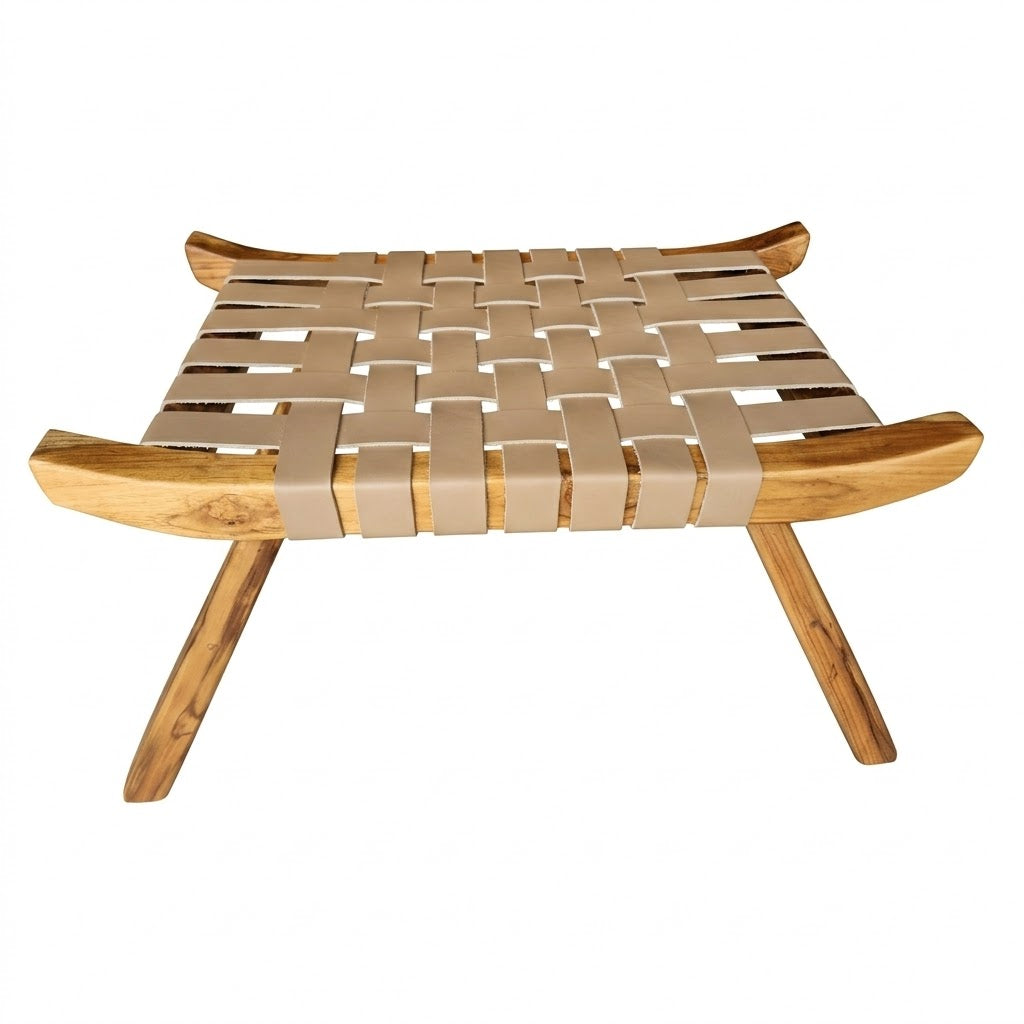 Banco Tira Botas Indonésia Couro Cru Trançado à Mão