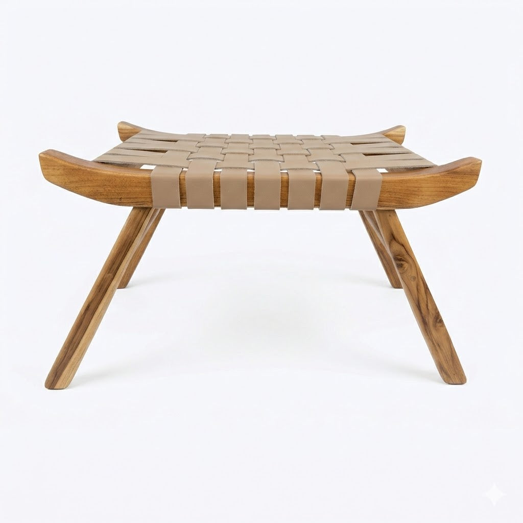 Banco Tira Botas Indonésia Couro Cru Trançado à Mão