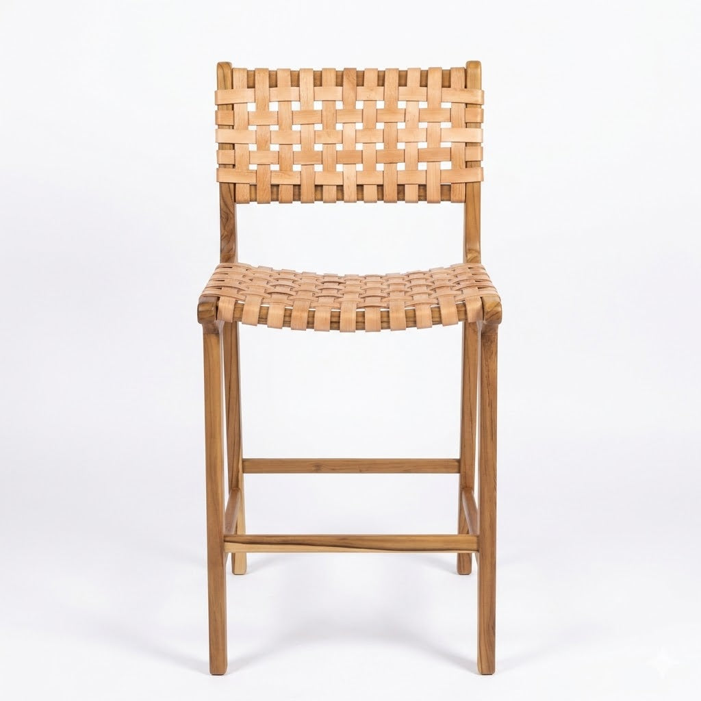 Banqueta Alta Albatroz em Couro Cru Trançado à Mão