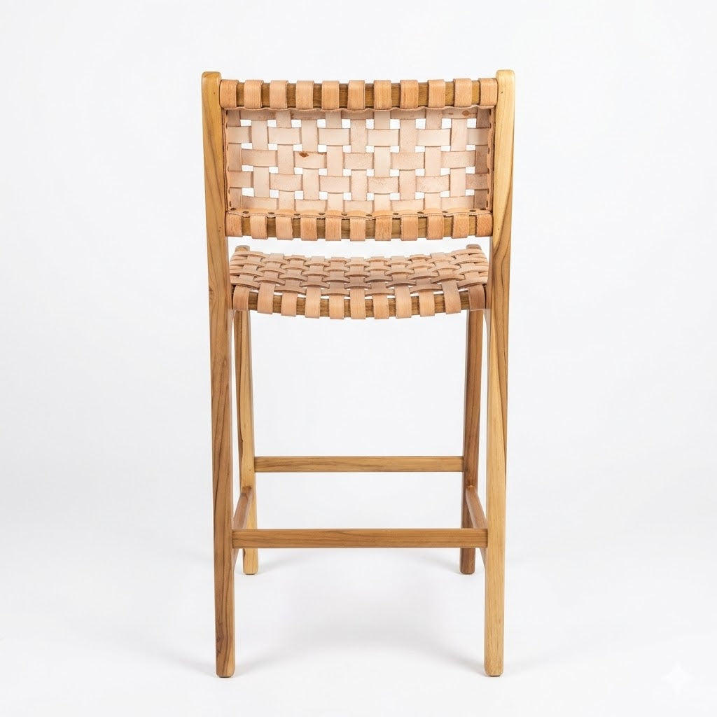 Banqueta Alta Albatroz em Couro Cru Trançado à Mão