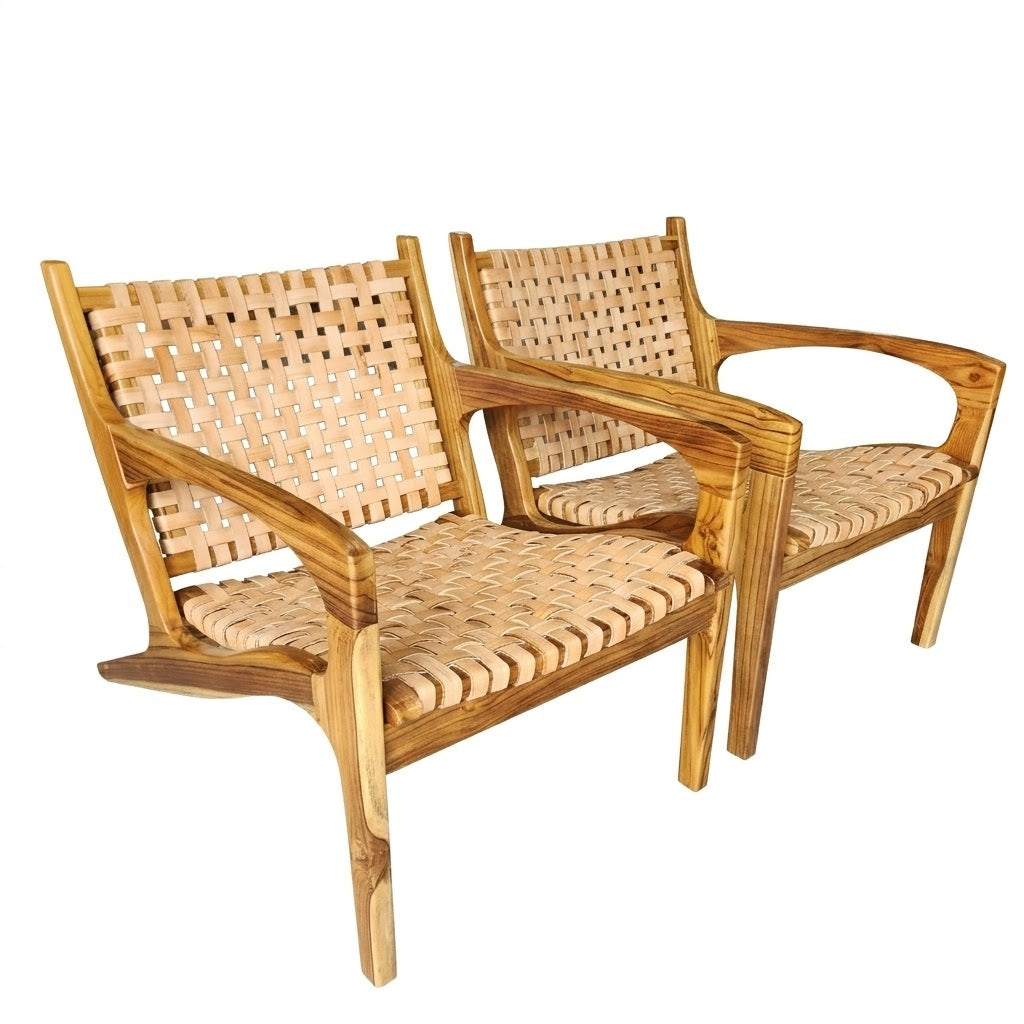 Conjunto 02 unidades de Poltrona de Madeira Teka em Couro Cru Encanto com almofada