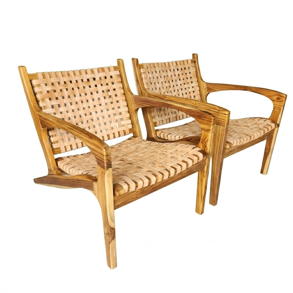 Conjunto 02 unidades de Poltrona de Madeira Teka em Couro Cru Encanto com almofada