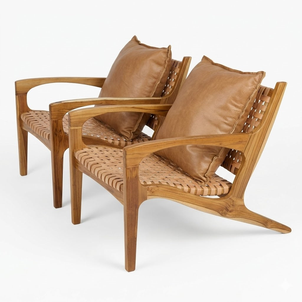 Conjunto 02 unidades de Poltrona de Madeira Teka em Couro Cru Encanto com almofada