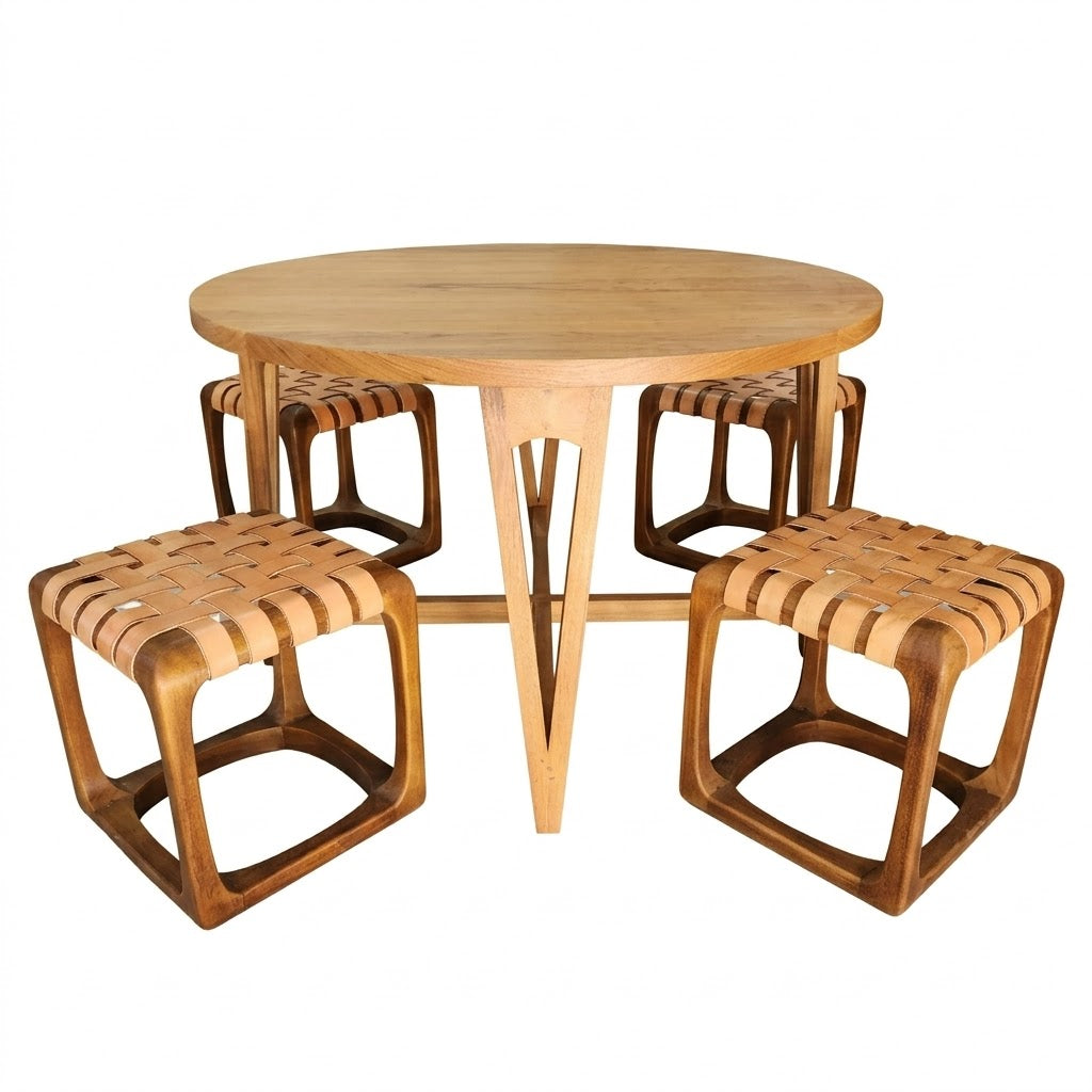 Conjunto Mesa Jantar Camburi Com 04 Banquinhos Ó assento em couro natural