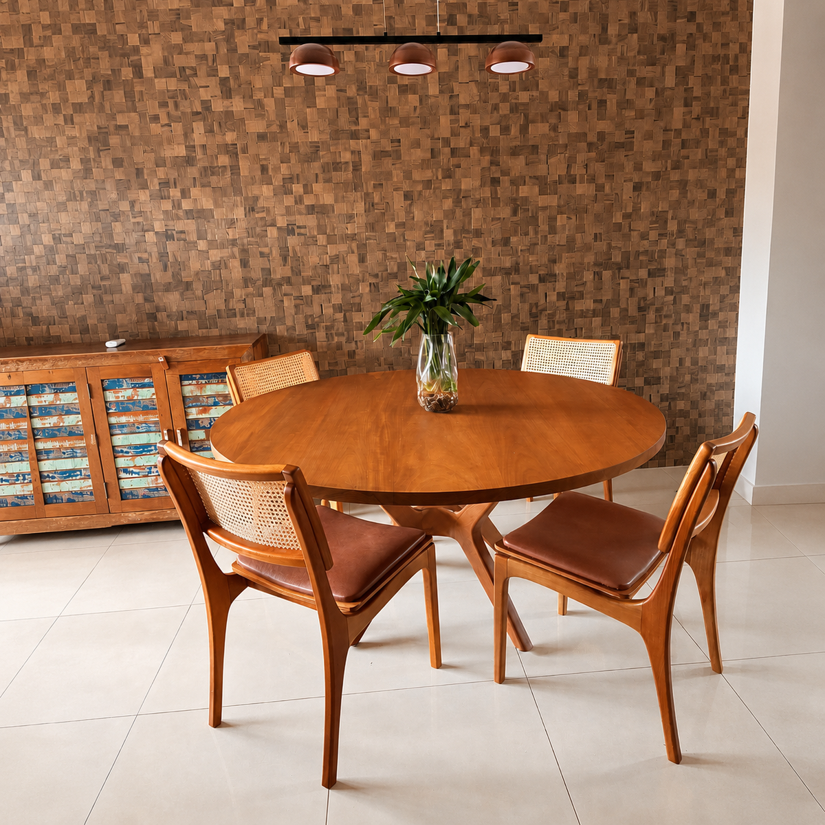 Mesa de Jantar Redonda De Madeira Maciça Demolição Praia do Forte com Tampo Borda Reta